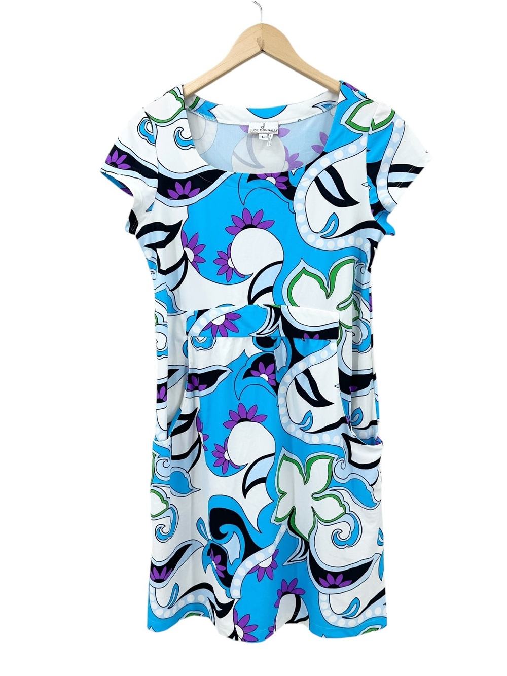 JUDE CONNALLY Dress Retro 70s Psychedelic Shift Stretch w Pockets
